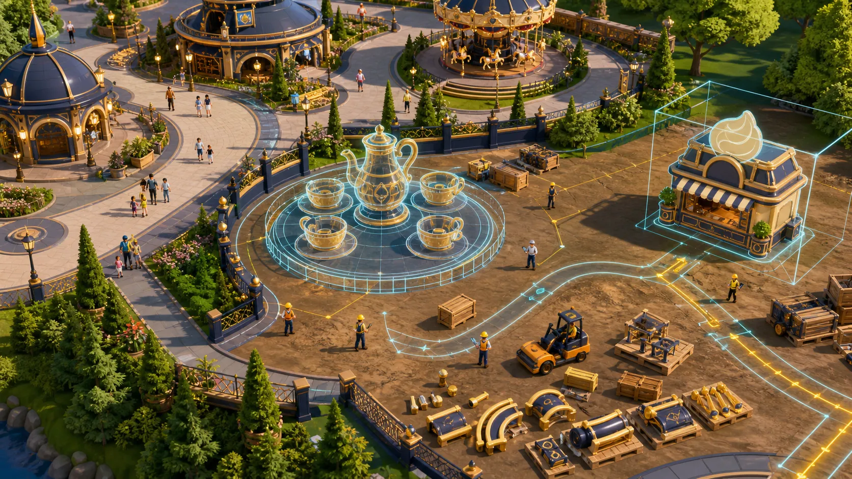 A build-mode scene showing a ghosted teacup ride placement and planned paths.