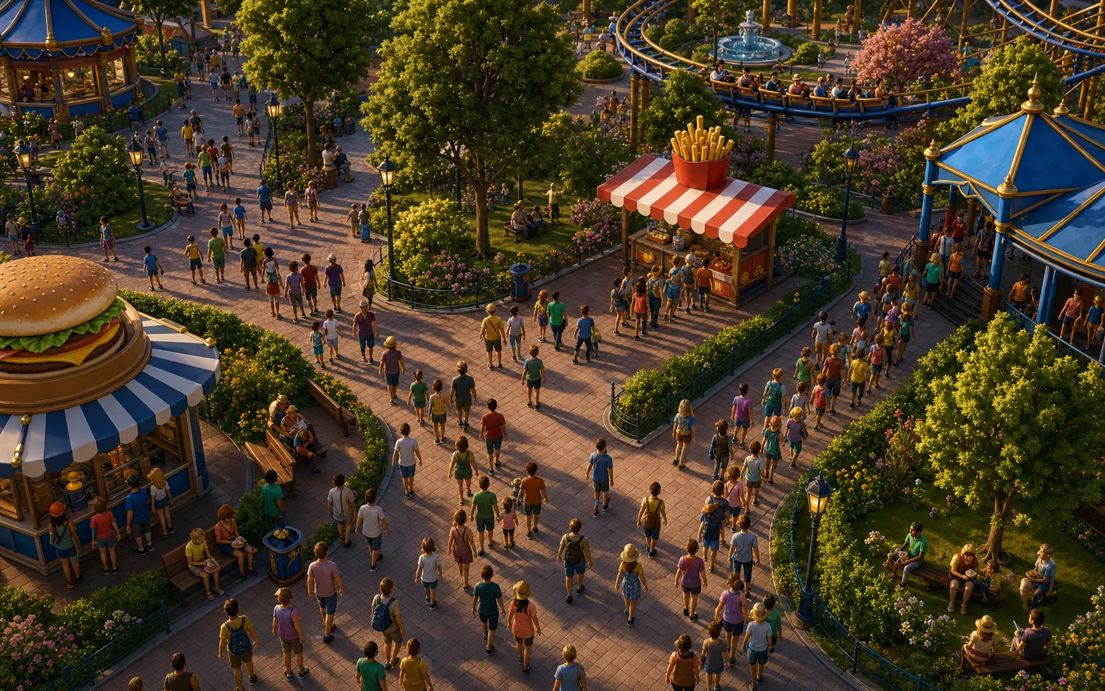 A busy plaza with guests flowing between shops, paths and rides.