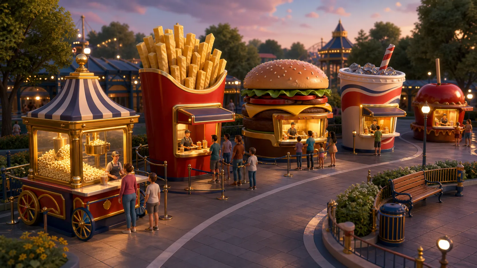 A Mayhem Park food court with product-shaped stalls and guest queues.