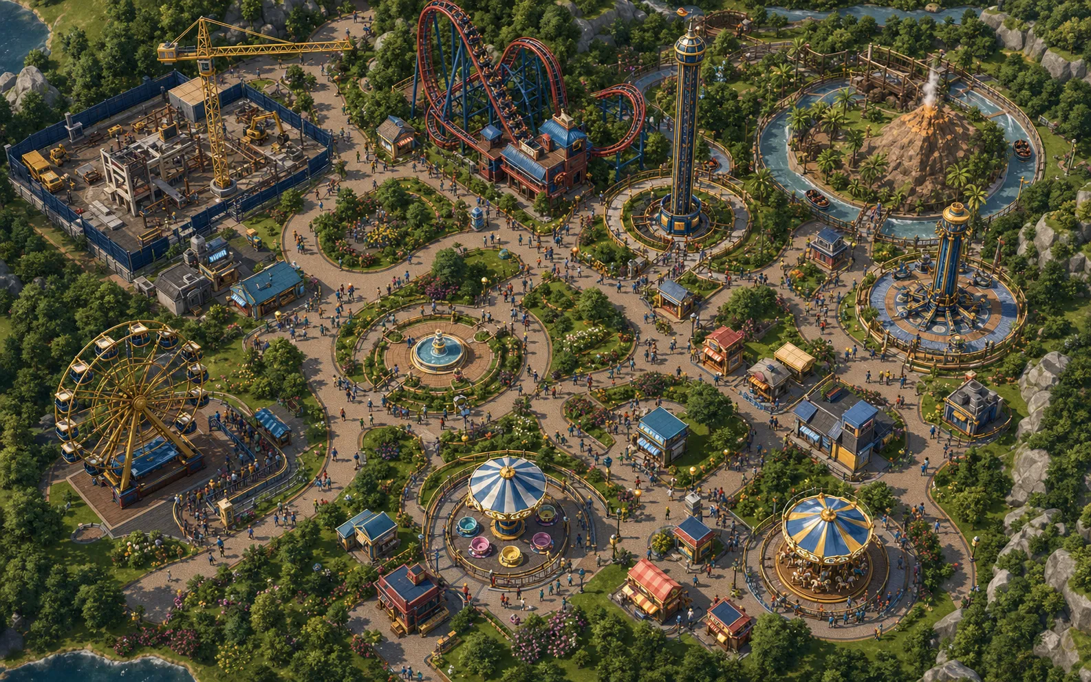 An overhead view of a developed Mayhem Park with rides, paths, shops and construction.